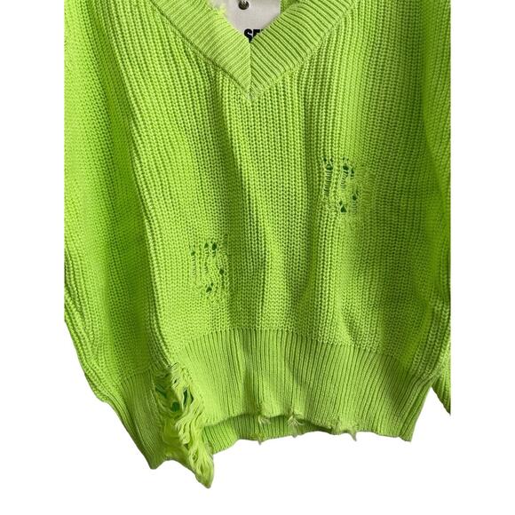 NWT SER.O.YA Syd Sweater Women Size Medium Neon Green Distressed Grunge V-neck‎ - Picture 6 of 12